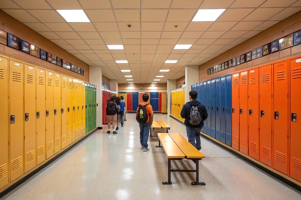 Colorful school lockers in a bright hallway, designed for students' convenience