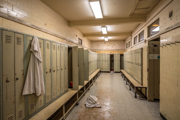 Old locker room with towels and benches.