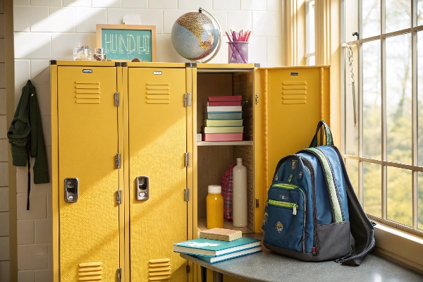 Yellow school lockers with books and a backpack by the window.