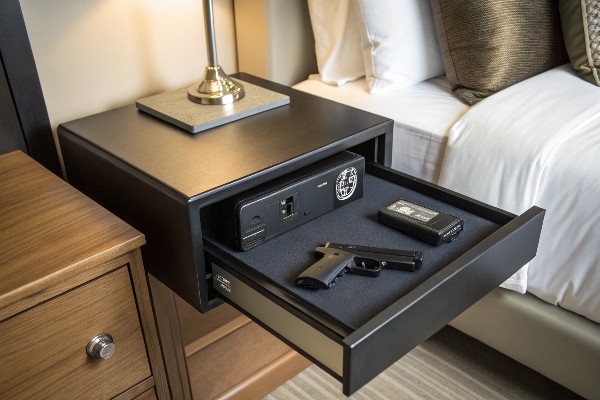 Bedside gun safe with electronic lock, ensuring secure and quick access for home protection