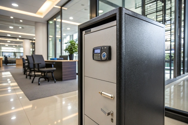 Modern filing cabinet with keypad and key lock, offering dual security for office environments