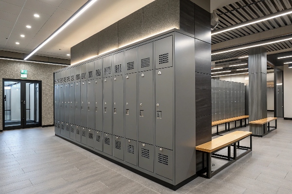 Gray metal lockers in a modern locker room with benches.