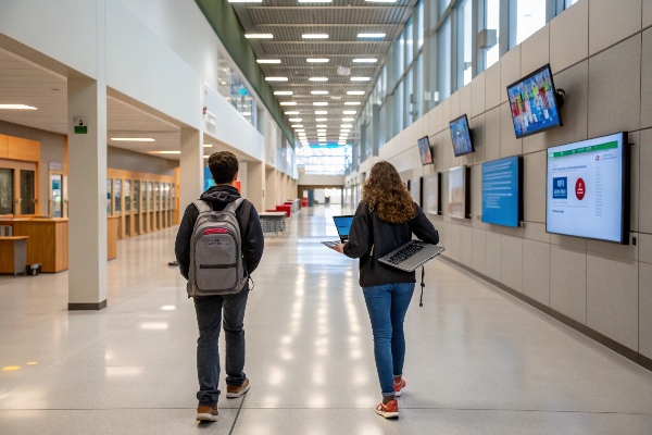 Students walking through a modern school hallway with digital screens.