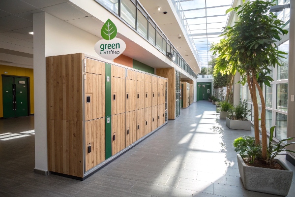 Eco-friendly wooden lockers in a bright hallway with plants.