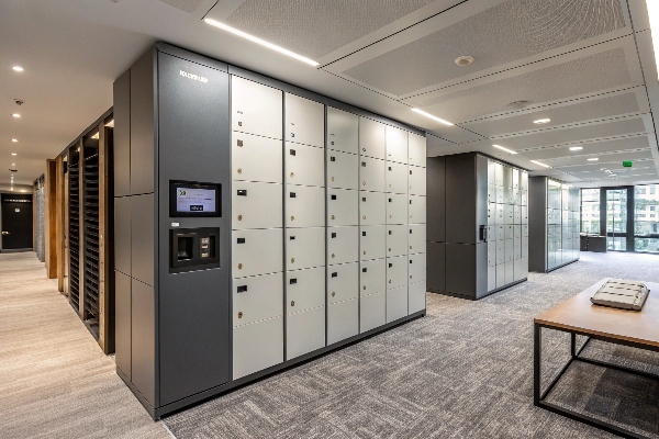 High-tech office lockers with smart access system, ideal for modern workplaces