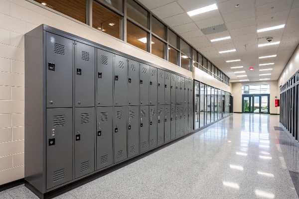 Gray lockers in a clean and bright school hallway.