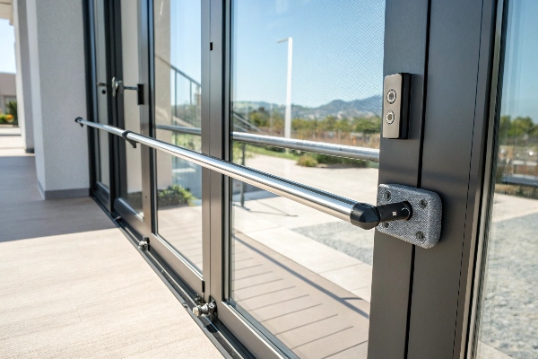 Reinforced security bar on sliding glass doors, ensuring safety and preventing forced entry