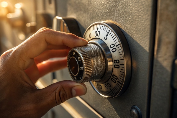 Close-up of a hand turning a combination lock dial on a secure locker.