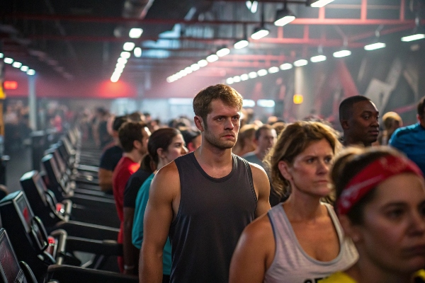 Group of people working out in a gym with focused expressions.