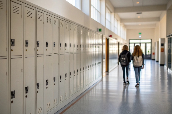 Neutral-toned lockers in a bright school hallway with students walking.