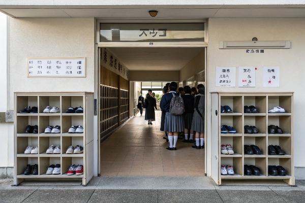 Wooden shoe lockers outside a school entrance with students in uniforms.