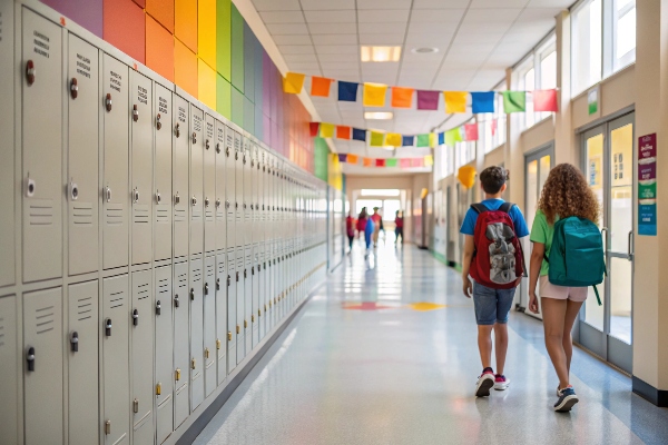 Colorful school hallway with lockers and students walking under flags.