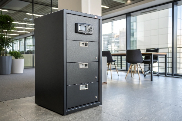 Black filing cabinet with electronic lock in modern office, ensuring secure document storage