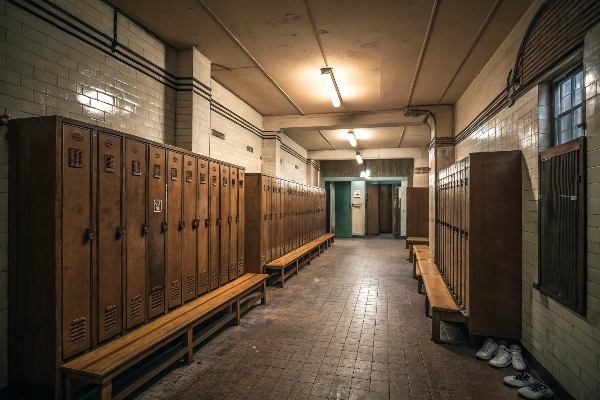 Vintage locker room with wooden lockers and benches.