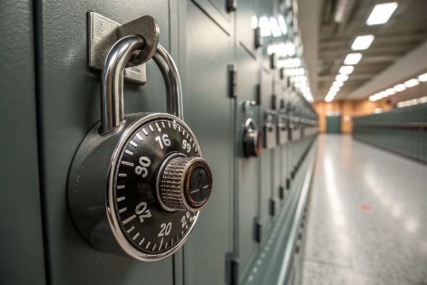 Close-up of a combination padlock securing a row of lockers.