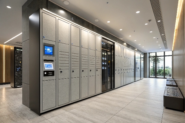 High-tech locker system with digital interfaces, perfect for modern offices and facilities