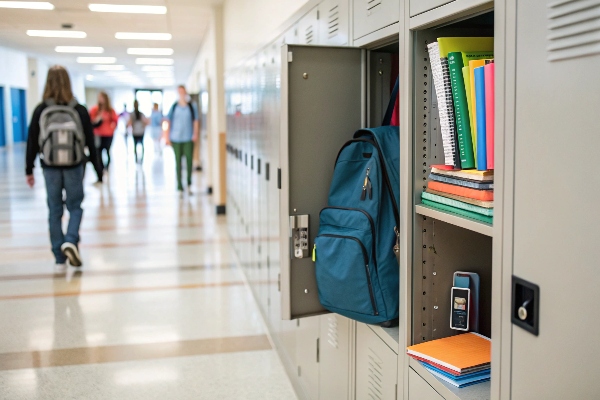 Open locker with books and a backpack, students walking in the hallway.