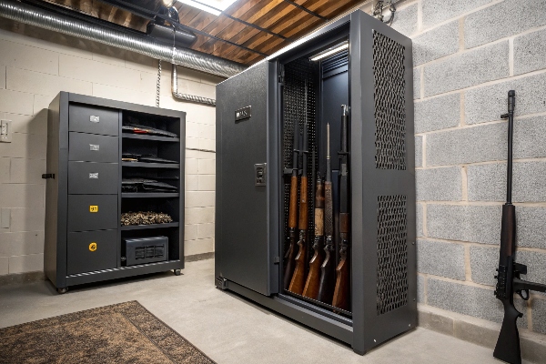 Secure gun safes in a basement, designed for organized firearm storage and enhanced safety