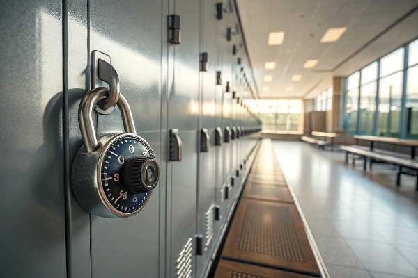 Combination lock on a locker in a bright and spacious locker room.