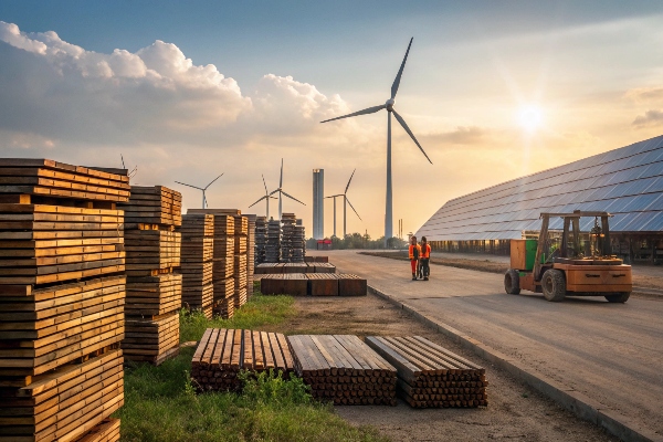 Stacks of wood with solar panels and wind turbines in the background.