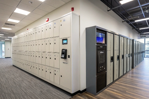 Office locker system with integrated digital access, ideal for secure workplace storage