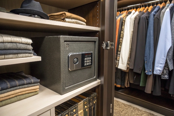 Closet safe with digital keypad, providing secure storage for valuables in a stylish wardrobe setting