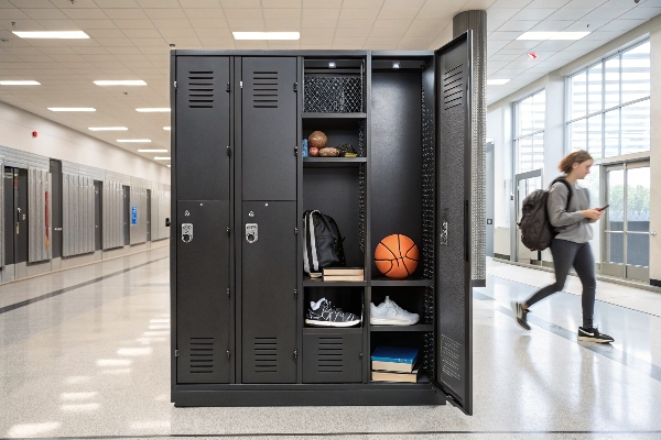 Black lockers in a hallway with sports equipment and school supplies.