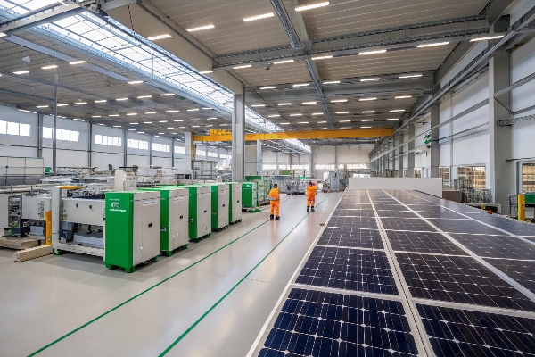 Modern factory interior with solar panels and green machinery.