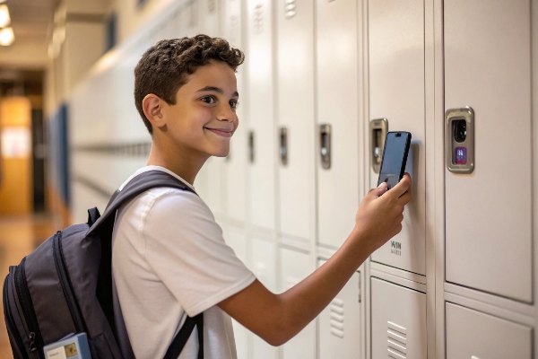 Student using a smartphone to unlock a locker with a digital lock.