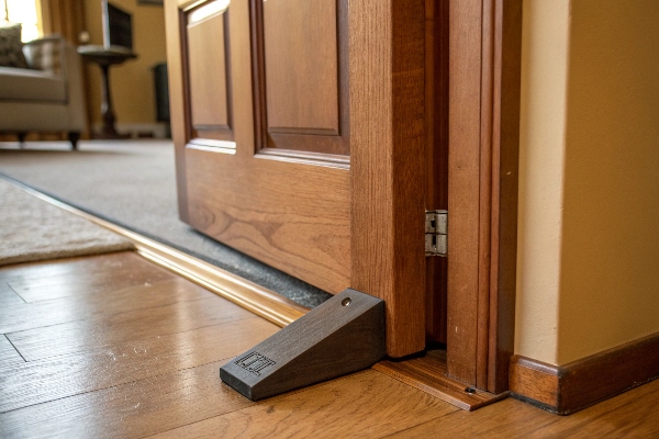 Heavy-duty doorstop securing wooden door, providing stability and enhanced home safety