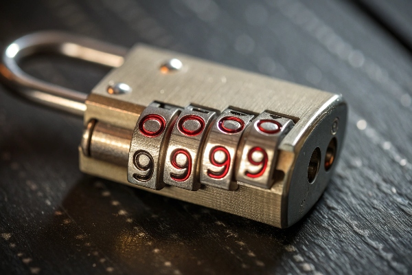 Detailed view of a metal combination padlock with rotating numbered dials.