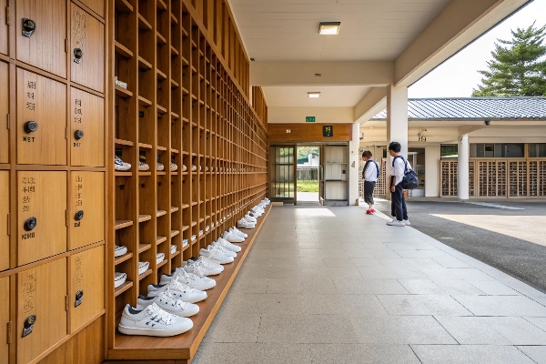 Wooden shoe lockers in a bright school entrance area.