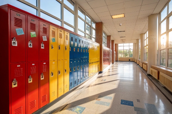 Red, yellow, and blue lockers in a sunlit school hallway.