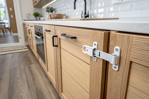 Secure latch lock on wooden kitchen cabinets, providing enhanced safety and durability for home storage