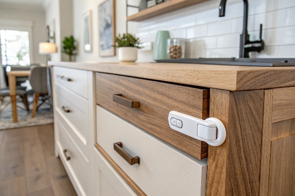 Childproof lock on modern kitchen cabinet, ensuring safety and secure storage in family environments