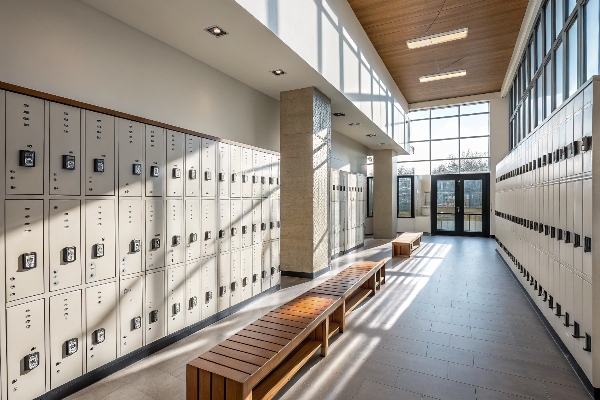 Modern locker room with white lockers, wooden benches, and natural lighting.