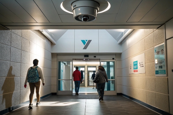 People walking through the entrance of a facility with a modern design.