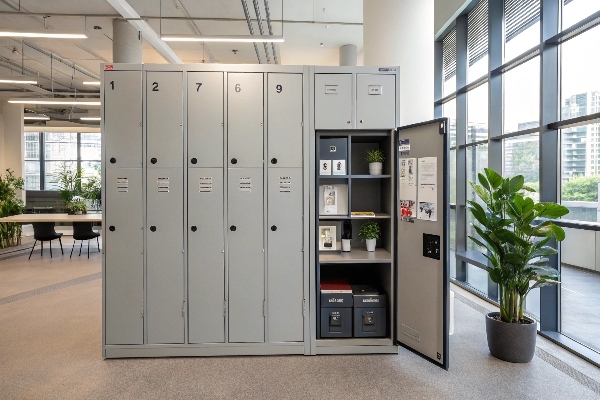 Office lockers with open storage options, combining security and functionality