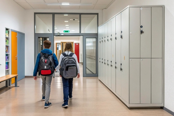 Light-colored lockers in a modern school hallway with students walking.