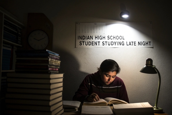 Student studying late at night under lamp.