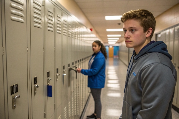 High school students opening lockers in a hallway.