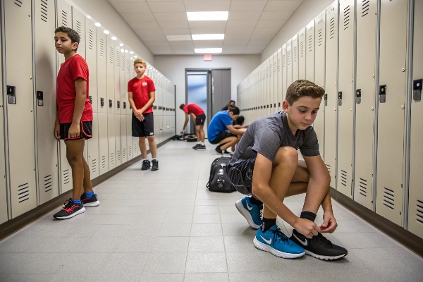 Students changing and preparing in a school locker room.