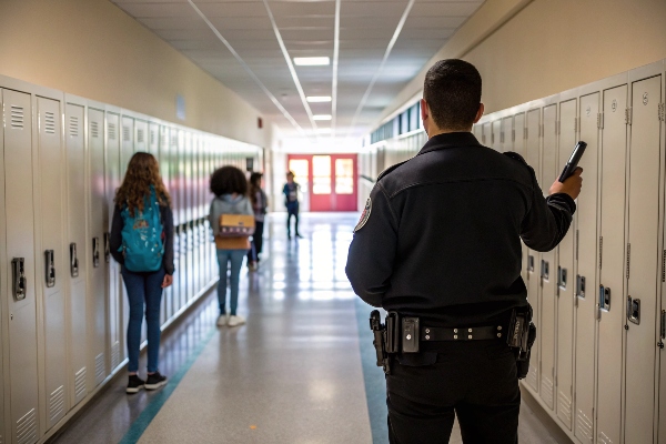 School security officer patrolling hallway with lockers.