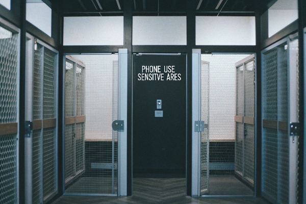 Locker area with mesh doors and a sign indicating phone-sensitive zones.