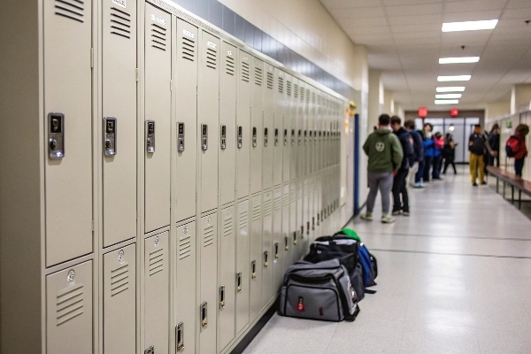 Hallway lockers with students and gym bags nearby.