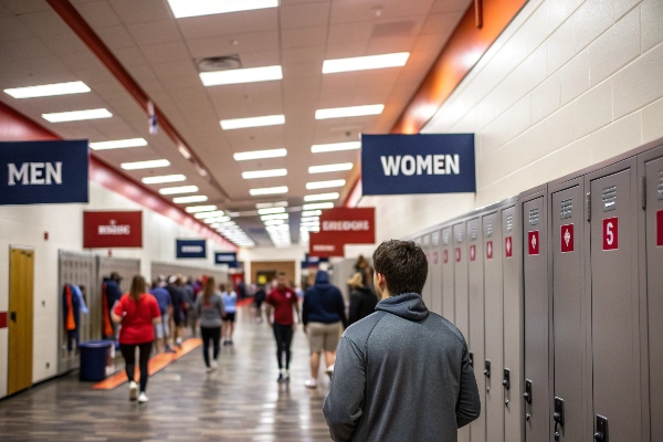 Student walking in a hallway with signs for men and women locker rooms