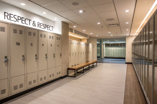 Locker room with a sign reading 