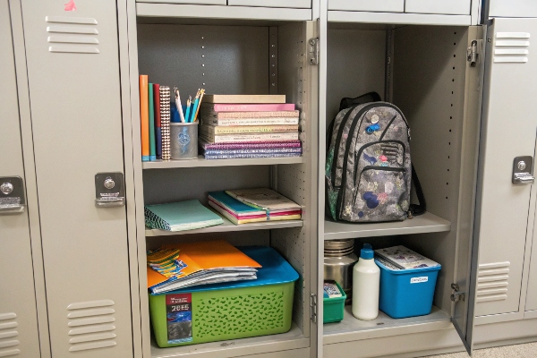 Neatly organized school locker with books, backpack, and supplies