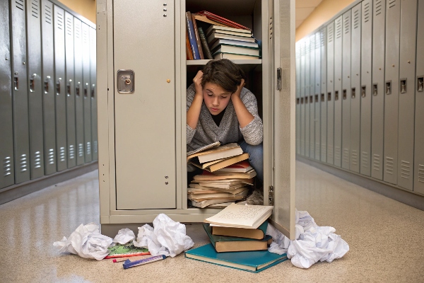 Student stressed with messy locker, cluttered books and papers falling out