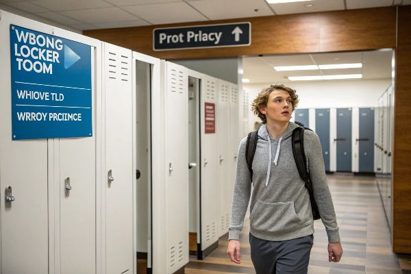 Student walking past lockers with a sign indicating locker room direction